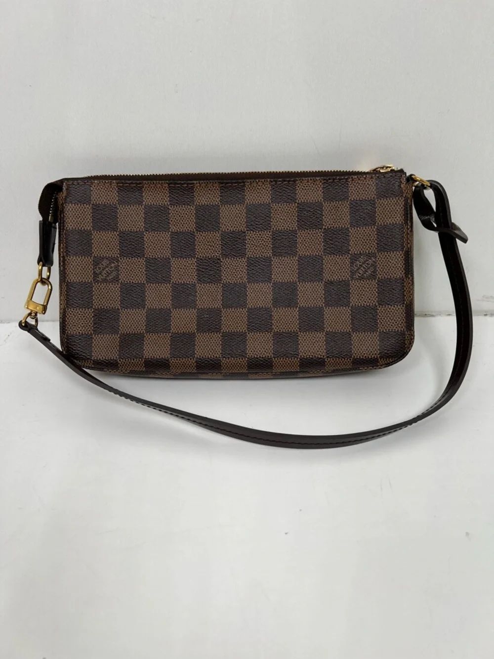 Louis Vuitton Damier Ebene Pochette Shoulder Bag Zip, Strap, Gold HW, Red Lining